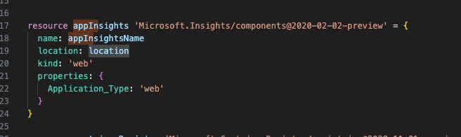 App Insights Resource node in the .bicep file