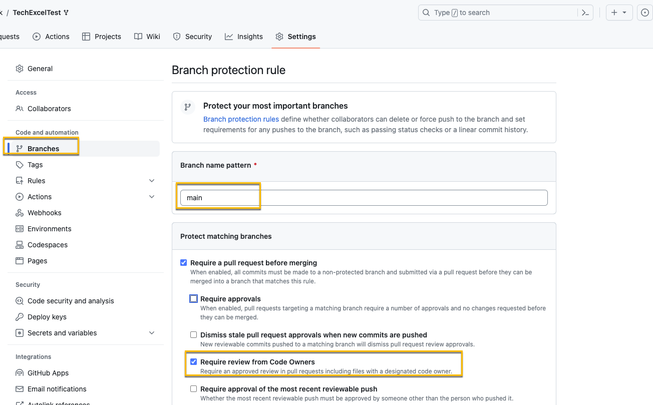 Configure the branch protection rule