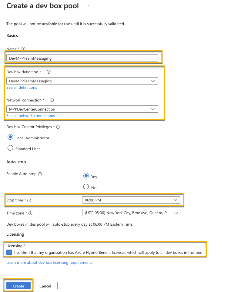 Dev Box Pool Settings