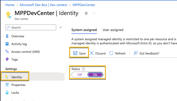 Enabled Dev Center Managed Identity