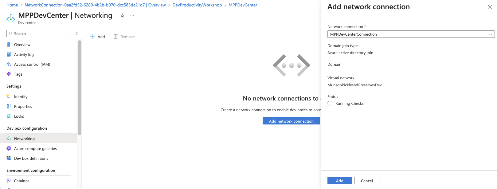 Add a network connection to dev center